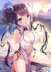 Rule 34 | 1girl, aqua eyes, bare legs, bare shoulders, barefoot, black hair, breasts, china dress, chinese clothes, cleavage, clothing cutout, commission, covered erect nipples, dango, double bun, dress, evening, food, hair bun, highres, kneeling, large breasts, long hair, looking at viewer, mikeou, navel, navel cutout, nipples, original, outdoors, pixiv commission, see-through, sideless outfit, solo, sun, swept bangs, twintails, very long hair, wagashi, wet