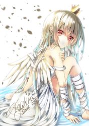 Rule 34 | 10s, 1girl, 2016, artist name, bad id, bad pixiv id, bandages, bandaged arm, bandaged leg, bandages, barefoot, blonde hair, crown, dated, dress, earrings, eyes visible through hair, hair over one eye, hand on own arm, jewelry, long hair, mini crown, original, red eyes, signature, single earring, sitting, solo, very long hair, white background, white dress, white wings, wings, yuihira asu