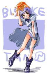 Rule 34 | 1girl, bisuke-tan, blue panties, blush, boots, bow, bowtie, dress, kfc, object on head, panties, solo, standing, striped clothes, striped panties, underwear, white dress