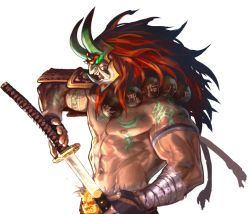Rule 34 | 1boy, armor, artist request, bandages, chaos online, dark persona, drawing sword, fingerless gloves, gloves, glowing, glowing eye, green eyes, holding, holding sword, holding weapon, horns, japanese armor, katana, long hair, male focus, mask, muscular, navel, nipples, official art, profile, red hair, sheath, topless male, shoulder armor, sode, solo, sword, the bloodiator, transparent background, tusks, unsheathing, upper body, weapon