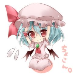 Rule 34 | 1girl, ascot, bad id, bad pixiv id, bat wings, blue hair, chibi, female focus, hands on headwear, hat, jewelry, lowres, pendant, red eyes, remilia scarlet, ribbon, shiinayuuki, short hair, skirt, solo, touhou, wavy mouth, wings, wrist cuffs