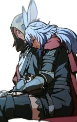Rule 34 | 1boy, 1girl, animal ears, arm hug, armor, black robe, blue hair, cape, chainmail, chinese commentary, closed eyes, commentary request, crystal exarch, feet out of frame, final fantasy, final fantasy xiv, from side, g&#039;raha tia, g'raha tia, gauntlets, greaves, highres, hood, hood up, hooded robe, long hair, looking at another, lyna (ff14), miqo&#039;te, one eye covered, parted lips, rabbit ears, red cape, red eyes, red hair, robe, short hair, simple background, sitting, viera, white background, wuliu heihuo