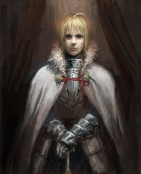 Rule 34 | 1girl, ahoge, armor, armored dress, artoria pendragon (fate), blonde hair, cape, cowboy shot, fate/zero, fate (series), faux traditional media, gauntlets, green eyes, hands on hilt, highres, portrait, realistic, saber (fate), solo, sword, weapon, yashiro50