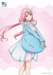 Rule 34 | 1girl, 1other, absurdres, blue jacket, breasts, cleavage, closed mouth, collarbone, copyright name, floating hair, hair between eyes, highres, horns, jacket, long hair, long sleeves, looking at viewer, medium breasts, open clothes, open jacket, pink hair, pink shirt, pink shorts, red eyes, rimuru tempest (slime), shirt, shorts, shuna (tensei shitara slime datta ken), sleeves past wrists, smile, standing, tensei shitara slime datta ken