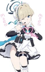 Rule 34 | 1girl, absurdres, apron, blonde hair, blue archive, blue bow, blue bowtie, blue eyes, bow, bowtie, chest harness, earpiece, fingerless gloves, frilled apron, frills, gloves, halo, harness, heart, heart hands, highres, holster, large bow, leg up, maid headdress, moe moe kyun!, noeru (yuiitsu tarashimeru), one eye closed, sketch, standing, standing on one leg, thigh holster, toki (blue archive), waist bow, what a