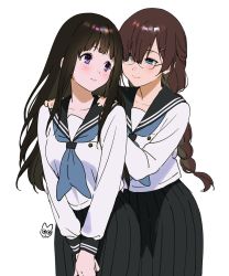 Rule 34 | 2girls, artist logo, blue eyes, blush, braid, brown hair, chitanda eru, closed mouth, collarbone, glasses, hair ornament, hairclip, hands on another&#039;s shoulders, hands up, highres, hyouka, juumonji kaho, long hair, long sleeves, looking at another, mery (yangmalgage), multiple girls, neckerchief, pleated skirt, purple eyes, sailor collar, school uniform, serafuku, shirt, simple background, skirt, smile, v arms, white background, white shirt