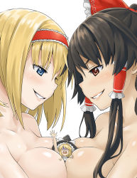 Rule 34 | 3girls, alice margatroid, asphyxiation, between breasts, black hair, blonde hair, blue eyes, blush, bow, breast press, breasts, brown eyes, cleavage, drowning, giant, giantess, girl sandwich, grin, hair bow, hair tubes, hairband, hakurei reimu, hat, highres, kirisame marisa, kuro oolong, large breasts, mini person, minigirl, multiple girls, no eyes, nude, open mouth, parted lips, person between breasts, reaching, reaching towards viewer, sandwiched, size difference, smile, symmetrical docking, touhou, trembling, turn pale, upper body, witch hat, yuri