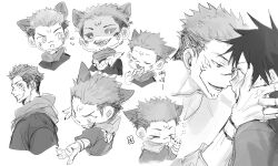Rule 34 | 2boys, absurdres, animal ears, arm tattoo, blush, cat boy, cat ears, chibi, claws, extra eyes, eye contact, facial tattoo, fushiguro megumi, hands on another&#039;s cheeks, highres, hood, hoodie, jujutsu kaisen, looking at another, male focus, monochrome, multiple boys, ryoumen sukuna (jujutsu kaisen), short hair, smile, spiked hair, tattoo, woshihedawei, yaoi