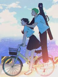 Rule 34 | 1boy, 1girl, alternate costume, bicycle, bicycle basket, black hair, closed eyes, earrings, from side, full body, green hair, jewelry, kuina, one piece, open mouth, riding, riding bicycle, roronoa zoro, school uniform, short hair, single earring, smile, solla385