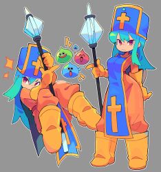 Rule 34 | 1girl, bacun, blue hair, bodysuit, boots, breasts, commentary, cross, dragon quest, dragon quest iii, english commentary, frown, gloves, hat, highres, holding, holding weapon, long breast curtain, long hair, looking at viewer, mace, medium breasts, mitre, multiple views, orange bodysuit, priest (dq3), red eyes, slime (creature), slime (dragon quest), smile, sparkle, tabard, weapon
