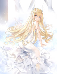 Rule 34 | 1girl, animal, arm support, bare arms, bare shoulders, bird, blonde hair, blue eyes, blush, commentary, crack, curled horns, dress, hair between eyes, highres, horns, long hair, looking at viewer, looking back, original, parted lips, pingo, see-through, solo, strap slip, very long hair, white dress