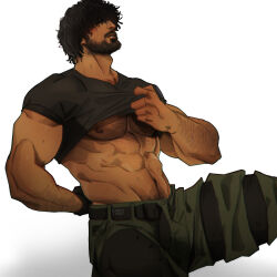 Rule 34 | 1boy, abs, arm hair, bara, bare pectorals, belt, black belt, black gloves, black hair, black shirt, blush, carlos oliveira, chris sdd, closed mouth, clothes lift, facial hair, gloves, green pants, hair over eyes, highres, large pectorals, male focus, muscular, muscular male, navel, nipples, open belt, pants, pectorals, resident evil, resident evil 3, resident evil 3: nemesis, resident evil 3 (remake), shirt, shirt lift, short hair, simple background, single glove, solo, white background