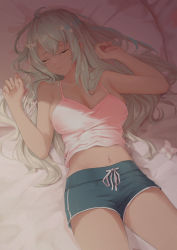 Rule 34 | 1girl, ahoge, bare shoulders, breasts, camisole, cleavage, closed eyes, collarbone, cowboy shot, flower, grey hair, hair flower, hair ornament, hands up, highres, large breasts, long hair, lying, midriff, nev (nevblindarts), on side, original, pink shirt, shirt, short shorts, shorts, sleeping, solo