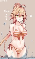 Rule 34 | antenna hair, arms behind back, bikini, blonde hair, breasts, cleavage, cowboy shot, dated, green eyes, grey background, grin, hachikuji, large breasts, long hair, ponytail, side-tie bikini bottom, simple background, smile, solo, standing, striped bikini, striped clothes, swimsuit, tsurumaki maki, twitter username, voiceroid, water