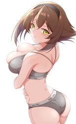 Rule 34 | 1girl, arms under breasts, ass, blush, bra, breasts, brown hair, cleavage, closed mouth, collarbone, flipped hair, from above, green eyes, grey bra, grey panties, headband, highres, kantai collection, large breasts, looking at viewer, mutsu (kancolle), panties, short hair, simple background, solo, underwear, underwear only, utsumi karmin, wedgie, white background