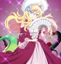 Rule 34 | 1girl, alternate costume, blonde hair, blue eyes, breasts, cleavage, dress, flower, folding fan, hair ribbon, hand fan, highres, jashin-chan, jashin-chan dropkick, lamia, long hair, looking at viewer, monster girl, red dress, red flower, red rose, ribbon, rose, small breasts, smile, solo