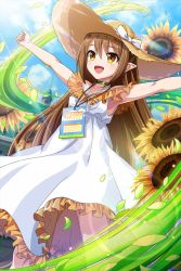 Rule 34 | 1girl, alternate hairstyle, blush, brown eyes, brown hair, cloud, day, dress, elf, flower, grass, hair down, hands up, hat, long hair, nowa (queen&#039;s blade), nowa (queen&#039;s blade unlimited), official art, open mouth, outdoors, petals, pointy ears, queen&#039;s blade, queen&#039;s blade unlimited, queen&#039;s blade white triangle, sky, straw hat, sun hat, sundress, sunflower, thighs, very long hair, white dress, wind