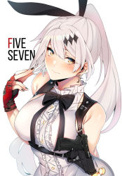 Rule 34 | 1girl, arm behind back, asakawa (outeq), bare shoulders, blush, bow, bowtie, breasts, brown eyes, character name, cleavage, crescent, crescent earrings, earrings, fingerless gloves, five-seven (girls&#039; frontline), fn five-seven, girls&#039; frontline, gloves, gun, hair ornament, hair ribbon, handgun, highres, jewelry, large breasts, long hair, looking at viewer, pdw-caliber pistol, pistol, playing with own hair, ponytail, ribbon, sidelocks, silver hair, simple background, smile, solo, very long hair, weapon