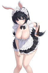 Rule 34 | 1girl, animal ears, apron, armband, bare legs, black eyes, blush, bow, bowtie, breasts, cleavage, closed mouth, detached collar, detached sleeves, dress, fake animal ears, frilled armband, frills, highres, holding, holding tray, kou (kokounene), large breasts, long hair, looking at viewer, maid, maid apron, maid headdress, original, rabbit ears, simple background, solo, standing, tray, waist apron, white background, wrist cuffs