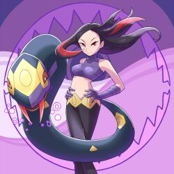 Rule 34 | 1girl, black hair, black pants, breasts, closed mouth, commentary request, covered collarbone, creatures (company), cropped shirt, crossed legs, eyelashes, ffccll, floating hair, game freak, gen 3 pokemon, gloves, hands on own hips, highres, long hair, lucy (pokemon), medium breasts, multicolored hair, navel, nintendo, pants, pokemon, pokemon (creature), pokemon emerald, pokemon rse, purple gloves, purple shirt, red hair, seviper, shirt, sleeveless, sleeveless shirt, smile, snake, standing, two-tone hair