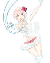Rule 34 | 1girl, asaki benio, bad id, bad pixiv id, blue eyes, collarbone, flower, frilled skirt, frills, hair flower, hair ornament, jewelry, looking at viewer, midriff, necklace, open mouth, pink hair, short hair, simple background, skirt, solo, white background, white legwear, white skirt