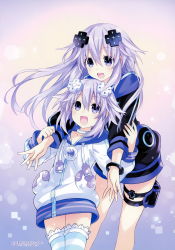 Rule 34 | 2girls, absurdres, adult neptune, collarbone, cowboy shot, d-pad, d-pad hair ornament, dual persona, gradient background, hair ornament, highres, hood, hooded track jacket, hug, jacket, long hair, looking at another, multiple girls, neptune (neptunia), neptune (series), official art, open mouth, purple eyes, purple hair, shin jigen game neptune vii, short hair, simple background, smile, striped clothes, striped legwear, striped thighhighs, thighhighs, track jacket, tsunako, zettai ryouiki