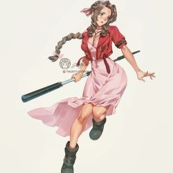 Rule 34 | 1girl, aerith gainsborough, artist name, boots, bow, braid, braided ponytail, breasts, choker, cropped jacket, dress, fighting stance, final fantasy, final fantasy vii, final fantasy vii remake, full body, green eyes, hair bow, hair ribbon, holding, holding staff, jacket, jet kimchrea, long dress, looking to the side, medium breasts, open mouth, outstretched arm, parted bangs, pink bow, pink dress, pink ribbon, red jacket, ribbon, short sleeves, sidelocks, simple background, solo, square enix, staff, teeth, upper teeth only, white background