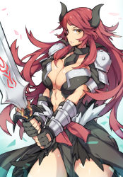 Rule 34 | 1girl, airomed, borrowed character, breasts, fingerless gloves, frown, ge-b, gloves, horns, large breasts, long hair, original, red hair, shoulder pads, solo, sword, very long hair, weapon
