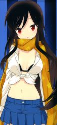 Rule 34 | 1girl, :o, a channel, black bra, black hair, blue skirt, bra, breasts, cleavage, front-tie top, highres, kuroda bb, long hair, looking at viewer, midriff, navel, nishi yuuko, non-web source, official art, red eyes, scarf, shirt, skirt, solo, tied shirt, underwear