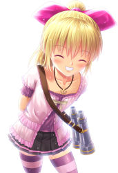 Rule 34 | 00s, 1girl, ^ ^, alternate hairstyle, binoculars, blonde hair, bow, closed eyes, hair ribbon, highres, jewelry, long hair, necklace, official alternate costume, patty fleur, pink bow, ponytail, purple thighhighs, ribbon, skirt, smile, solo, striped clothes, striped thighhighs, tales of (series), tales of vesperia, thighhighs, yamakamu