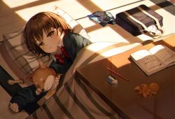 Rule 34 | 1girl, bad id, bad twitter id, bag, bow, bowtie, brown eyes, brown hair, closed mouth, collared shirt, dog, dotz, duffel bag, eraser, expressionless, food, fruit, indoors, kotatsu, long sleeves, looking at viewer, lying, mechanical pencil, on side, orange (fruit), original, pencil, pillow, red bow, red bowtie, shirt, short hair, sleeves past wrists, solo, sunset, table, white shirt