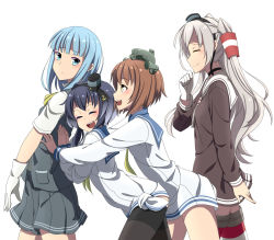 Rule 34 | 10s, 4girls, :d, ^ ^, amatsukaze (kancolle), black hair, blue eyes, blue hair, blush, breasts, brown dress, brown eyes, brown hair, closed eyes, commentary request, dress, closed eyes, from side, gloves, grey skirt, hair ornament, hair tubes, hairband, hands on another&#039;s back, hatsukaze (kancolle), headgear, kantai collection, leaning forward, long hair, long sleeves, looking back, lowleg, lowleg pantyhose, multiple girls, open mouth, pantyhose, pleated skirt, pushing, sailor dress, school uniform, seamed legwear, serafuku, shirt, short dress, short hair, short hair with long locks, short sleeves, side-seamed legwear, simple background, single glove, skirt, small breasts, smile, thighhighs, tied shirt, toho-77, tokitsukaze (kancolle), two side up, vest, walking, white background, white gloves, white hair, yukikaze (kancolle)