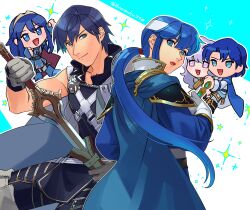 2girls 3boys :d armor asagi_(banzoku210) belt black_footwear blue_background blue_cape blue_eyes blue_footwear blue_hair blue_pants blue_tunic brown_belt cape chest_belt chest_harness chibi chibi_inset chrom_(fire_emblem) clenched_hands collarbone couple cowboy_shot curly_hair curtained_hair deirdre_(fire_emblem) falchion_(fire_emblem) father_and_daughter father_and_son fire_emblem fire_emblem:_genealogy_of_the_holy_war fire_emblem_heroes floating_cape from_behind gloves grey_gloves hair_between_eyes hair_tie harness headband high_collar highres holding holding_hands holding_sheath holding_sword holding_weapon jacket long_hair looking_at_another looking_at_viewer low_ponytail lucina_(fire_emblem) male_focus mother_and_son multiple_boys multiple_girls nintendo open_mouth outline pants parted_bangs pauldrons ponytail purple_eyes purple_hair seliph_(fire_emblem) sheath shirt short_hair shoulder_armor sidelocks sigurd_(fire_emblem) sleeveless sleeveless_shirt smile sparkle sword tiara tunic turning_head twitter_username two-tone_cape tyrfing_(fire_emblem) unsheathing v-shaped_eyebrows very_long_hair weapon white_background white_belt white_cape white_gloves white_headband white_jacket white_outline white_pants