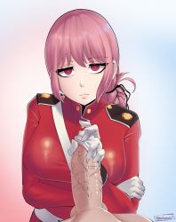 Rule 34 | 1boy, 1girl, artist name, braid, breasts, closed mouth, commentary, english commentary, erection, fate (series), florence nightingale (fate), glove on penis, gloved handjob, gloves, handjob, heartszora, hetero, highres, large breasts, looking at viewer, military, military uniform, multicolored background, penis, penis in glove, pink hair, red eyes, single braid, testicles, uncensored, uniform, veins, veiny penis, white gloves