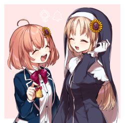 Rule 34 | 2girls, :d, ^ ^, ahoge, bell, black dress, blazer, blue jacket, blush, breasts, brown hair, closed eyes, collared shirt, dress, dress shirt, facing another, flower, gloves, habit, hair between eyes, hair flower, hair ornament, hand up, holding, holding bell, honma himawari, jacket, light brown hair, long hair, multiple girls, nijisanji, nun, open clothes, open jacket, open mouth, parted bangs, pink background, round teeth, school uniform, shirt, sister claire, sister claire (1st costume), small breasts, smile, sunflower, sunflower hair ornament, teeth, traditional nun, upper teeth only, veil, very long hair, virtual youtuber, white background, white gloves, white shirt, yamabukiiro, yellow flower