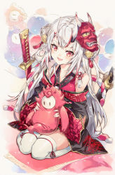 Rule 34 | 1girl, :d, bare shoulders, bell, black kimono, commentary request, double bun, fall guys, floral print, fringe trim, hair bell, hair bun, hair ornament, highres, holding, hololive, horns, japanese clothes, jingle bell, katana, kimono, long hair, looking at viewer, mask, mask on head, mito itsuki, multicolored hair, nakiri ayame, nakiri ayame (1st costume), off shoulder, oni, oni mask, open mouth, print kimono, red eyes, red hair, ribbon trim, seiza, sheath, sheathed, silver hair, sitting, skin-covered horns, smile, streaked hair, sword, teeth, thighhighs, upper teeth only, very long hair, virtual youtuber, weapon, white thighhighs