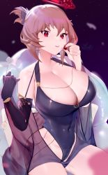 Rule 34 | 1girl, absurdres, aiushi (lovecowjp), azur lane, black one-piece swimsuit, breasts, brown hair, cherry, cleavage, covered navel, duca degli abruzzi (azur lane), duca degli abruzzi (lustrous onyx sirenetta) (azur lane), food, fruit, halo, hands up, highres, large breasts, looking at viewer, mechanical arms, official alternate costume, one-piece swimsuit, red eyes, short hair, single mechanical arm, skindentation, solo, swimsuit