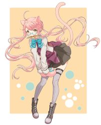 Rule 34 | 1girl, absurdres, ahoge, animal ears, animal hands, bad id, bad twitter id, blazer, blue bow, blue bowtie, blush, boots, bow, bowtie, braid, cat ears, cat tail, cross-laced footwear, eyelashes, fish, fish in mouth, full body, glasses, gloves, grey thighhighs, highres, jacket, kantai collection, lace-up boots, leaning forward, long hair, long sleeves, makigumo (kancolle), mouth hold, paw gloves, paw print, pink hair, school uniform, shiosoda, skirt, solo, standing, tail, thighhighs, twintails, yellow eyes