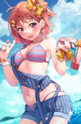 Rule 34 | 1girl, :d, ahoge, bikini, bikini under clothes, blue nails, blue shorts, bow, bracelet, breasts, cleavage, commentary request, day, earrings, food-themed hair ornament, hair bow, hair ornament, hairclip, halterneck, highres, holding, holding water gun, jewelry, looking at viewer, love live!, love live! sunshine!!, makura (makura0128), nail polish, navel, open fly, open mouth, orange bow, orange hair, orange hair ornament, orange nails, outdoors, print bow, red eyes, short hair, short shorts, shorts, small breasts, smile, solo, striped bikini, striped bow, striped clothes, striped shorts, suspenders, suspenders hanging, swimsuit, takami chika, triangle hair ornament, twitter username, v, vertical-striped clothes, vertical-striped shorts, water, water gun, wrist bow