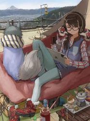 Rule 34 | 1girl, animal, apple inc., axe, boots, bottle, brown hair, camping, closed eyes, commentary, day, dog, fur trim, glasses, hatchet, hatchet (axe), headphones, highres, holding, iwauchi tomoki, lantern, leg up, log, long hair, mount fuji, nissin cup noodle, outdoors, plaid, plaid shirt, ponytail, reclining, round eyewear, shirt, shoes, single shoe, steam, tablet pc, tail, tent, thick eyebrows, toba minami, unworn boots, vest, yurucamp