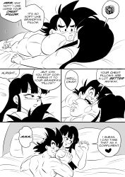 Rule 34 | 1boy, 1girl, absurdres, bed, between breasts, blunt bangs, boxers, grabbing another&#039;s breast, breasts, chi-chi (dragon ball), cleavage, comic, commentary, dragon ball, dragonball z, english text, funsexydb, grabbing, greyscale, hair down, half-closed eyes, head between breasts, hetero, highres, hime cut, husband and wife, large breasts, lying on person, male underwear, monochrome, muscular, muscular male, open mouth, pillow, sidelocks, smile, son goku, spoken squiggle, squiggle, symbol-only commentary, tank top, topless male, underwear
