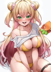 Rule 34 | 1girl, bikini, bikini under clothes, blonde hair, blood, breasts, clothes lift, collarbone, commentary, double bun, floating hair, green eyes, hair between eyes, hair bun, hair ornament, highres, hololive, large breasts, long hair, looking at viewer, momosuzu nene, multicolored hair, naughty face, navel, nekko (momosuzu nene), no pants, pink hair, pool of blood, raised eyebrows, see-through, shirt, shirt lift, sidelocks, single bare shoulder, sitting, skindentation, smile, sweat, swimsuit, t-shirt, takuty, teeth, thigh strap, thighs, tongue, tongue out, two-tone hair, upper teeth only, v arms, very long hair, virtual youtuber, white shirt, yellow bikini