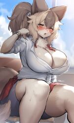 Rule 34 | 1girl, absurdres, animal ears, animal nose, bike shorts, blue sky, blush, body fur, breasts, brown hair, cleavage, cloud, day, dog ears, dog girl, dog tail, fang, furry, furry female, hair ornament, highres, huge breasts, looking at viewer, multicolored hair, open mouth, original, outdoors, ponytail, red eyes, red skirt, shirt, short sleeves, sitting, skirt, sky, snout, solo, suurin (ksyaro), sweat, tail, two-tone hair, white fur, white shirt