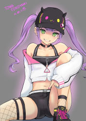 Rule 34 | 1girl, asymmetrical legwear, baseball cap, belt, bibi (tokoyami towa), black choker, black footwear, black hat, black shorts, black tank top, black thighhighs, breasts, character name, choker, collarbone, commentary, crop top, cropped jacket, cross-laced footwear, dated, fake horns, fishnet thighhighs, fishnets, foot out of frame, green eyes, grey background, grin, halterneck, hat, hat pin, highres, hololive, horned headwear, horns, index finger raised, jacket, knee up, lips, long hair, long sleeves, looking at viewer, midriff, multicolored hair, nail polish, navel, o-ring, o-ring choker, off shoulder, outline, partially unzipped, pink hair, pink nails, pointy ears, purple hair, shiratama (komekiti10), shoes, short shorts, shorts, simple background, sitting, sleeves past wrists, small breasts, smile, sneakers, solo, streaked hair, tank top, thigh strap, thighhighs, tokoyami towa, twintails, two-tone hair, virtual youtuber, white belt, white jacket