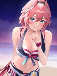 Rule 34 | 1girl, absurdres, bare shoulders, blue eyes, blush, breasts, cleavage, closed mouth, finger to mouth, hair between eyes, head wings, highres, hololive, hololive summer 2023 swimsuit, index finger raised, kuchitani, large breasts, looking at viewer, nail polish, navel, pink hair, pink nails, short hair, smile, solo, swimsuit, takane lui, virtual youtuber, wings