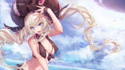 Rule 34 | 1girl, :d, bad id, bad pixiv id, bare shoulders, bikini, black bikini, blonde hair, blue eyes, blush, breasts, choker, fate/grand order, fate (series), front-tie bikini top, front-tie top, hand up, hat, long hair, looking at viewer, marie antoinette (fate), medium breasts, mitsu (mitsu art), open mouth, smile, solo, swimsuit, twintails, very long hair, wristband