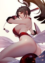 Rule 34 | 1girl, ass, back, backless outfit, bottomless, bracer, breasts, brown hair, fatal fury, grin, hair ribbon, hand fan, high ponytail, highres, holding, holding fan, japanese clothes, large breasts, looking at viewer, ninja, parted lips, ponytail, red eyes, rekaerb maerd, revealing clothes, ribbon, school uniform, shiranui mai, sideboob, simple background, smile, solo, the king of fighters, thong, white background