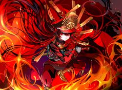 Rule 34 | 1girl, cape, crest, family crest, fate/grand order, fate (series), fire, gloves, hat, highres, holding, holding sword, holding weapon, katana, long hair, long sleeves, military hat, military uniform, oda nobunaga (fate), oda uri, peaked cap, red cape, red eyes, solo, sword, uniform, very long hair, weapon, yui (tamagohan)