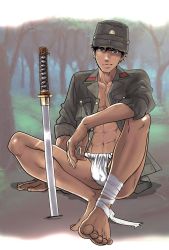 Rule 34 | 1boy, abs, barefoot, feet, goma saba, hat, highres, male focus, original, scar, sitting, solo, toes, weapon, word
