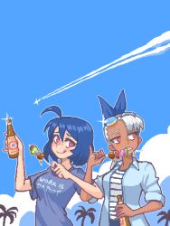Rule 34 | 2girls, ahoge, alcohol, beer, beer bottle, blue hair, blue ribbon, blue shirt, blue sky, blush, borrowed character, bottle, breasts, closed mouth, dango, dark-skinned female, dark skin, day, food, hair ribbon, hcnone, highres, holding, holding bottle, looking at viewer, looking away, medium breasts, medium hair, multiple girls, noemi (piku184), original, outdoors, palm tree, parted lips, pink eyes, pixel art, ribbon, shirt, short hair, short sleeves, sky, skye (hcnone), smile, summer, teeth, tongue, tongue out, tree, wagashi, white hair